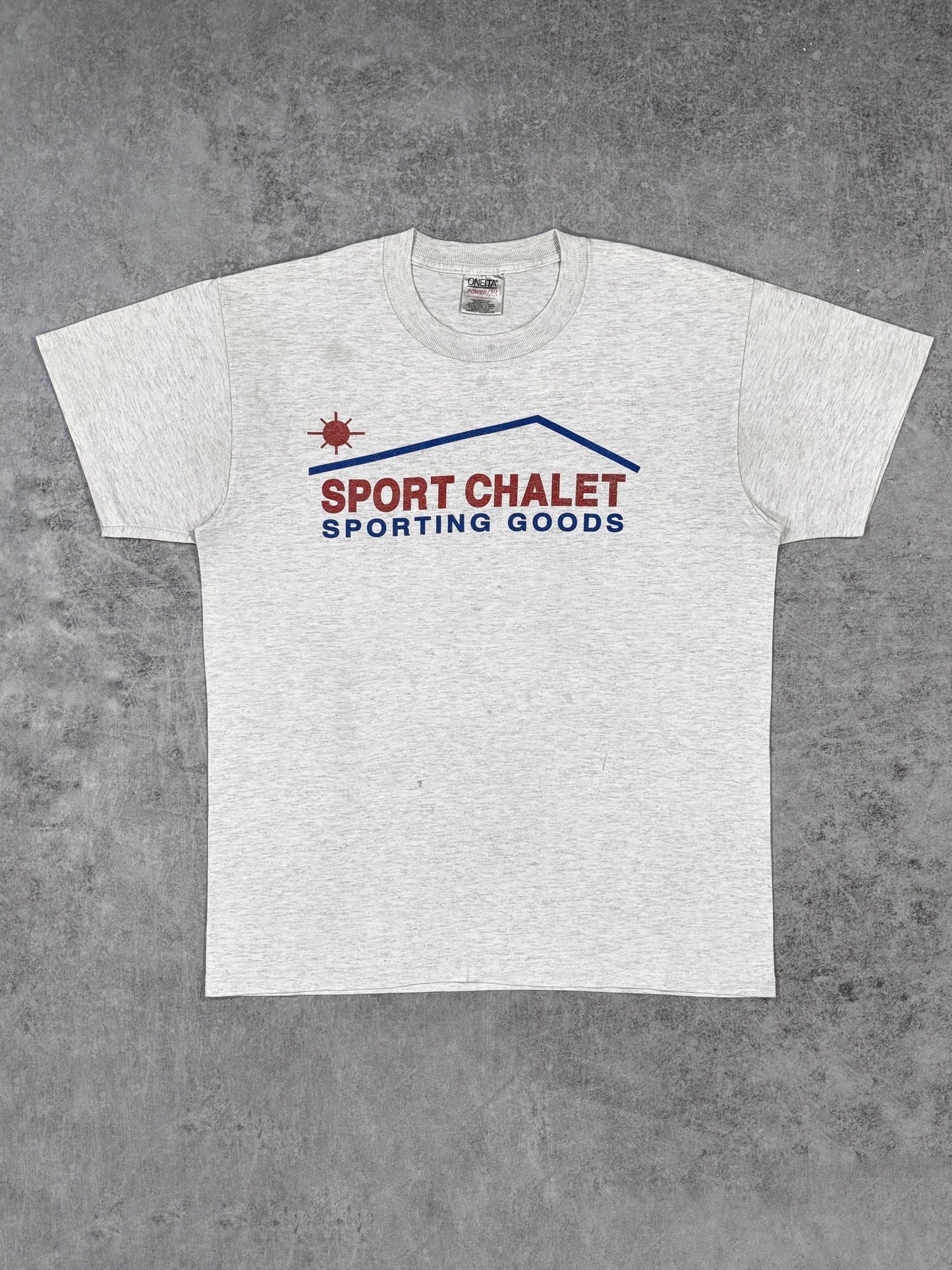 Vintage Distressed 1990s Oneita Sport Chalet Sporting Goods T-Shirt - USA Made Single Stitch - Heather Grey