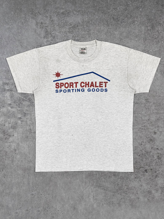 Vintage Distressed 1990s Oneita Sport Chalet Sporting Goods T-Shirt - USA Made Single Stitch - Heather Grey
