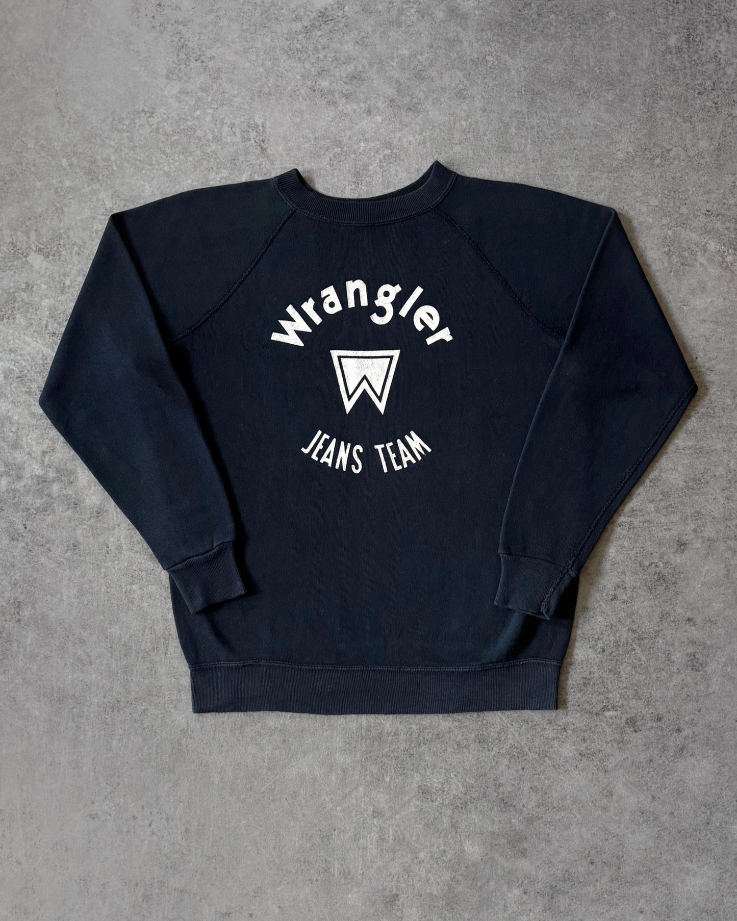 Vintage 1970s Wrangler Jeans Team Crewneck – Champion Blank – Flocked Print