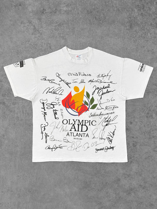 Front view of vintage 1996 Olympic Aid Atlanta Hanes t-shirt with multicolor signature print