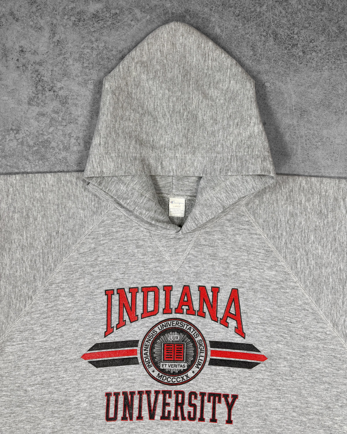 Vintage late 1980s Indiana University Champion raglan hoodie, Indiana University seal print detail