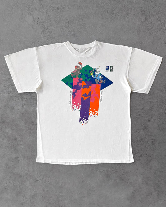 Vintage 1996 Atlanta &amp; Lillehammer Olympics Mascot T-Shirt – Double Torch Graphic