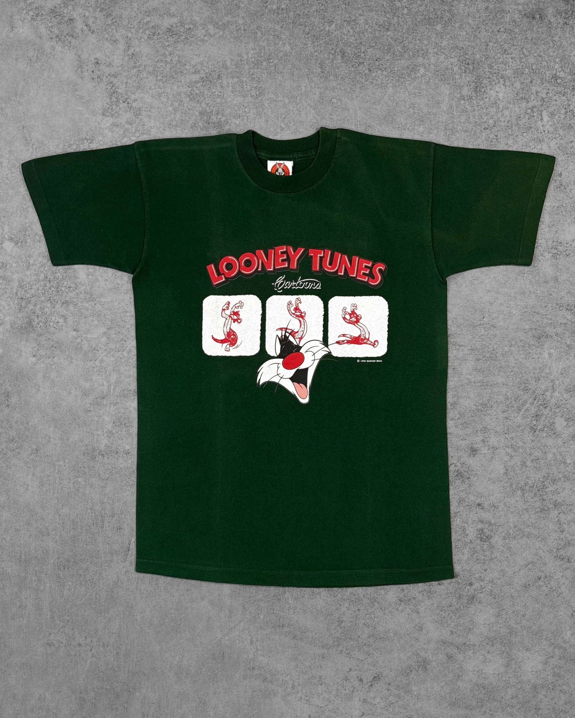 Front view of vintage 1998 Looney Tunes Sylvester graphic t-shirt in forest green, Warner Bros licensed