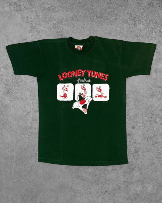 Front view of vintage 1998 Looney Tunes Sylvester graphic t-shirt in forest green, Warner Bros licensed