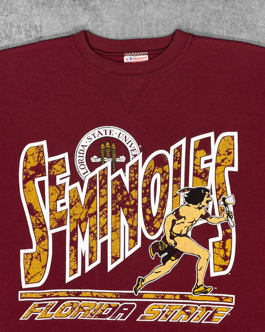 Vintage 1990s Florida State Seminoles sweatshirt – multicolor college graphic print detail with gold Seminoles lettering