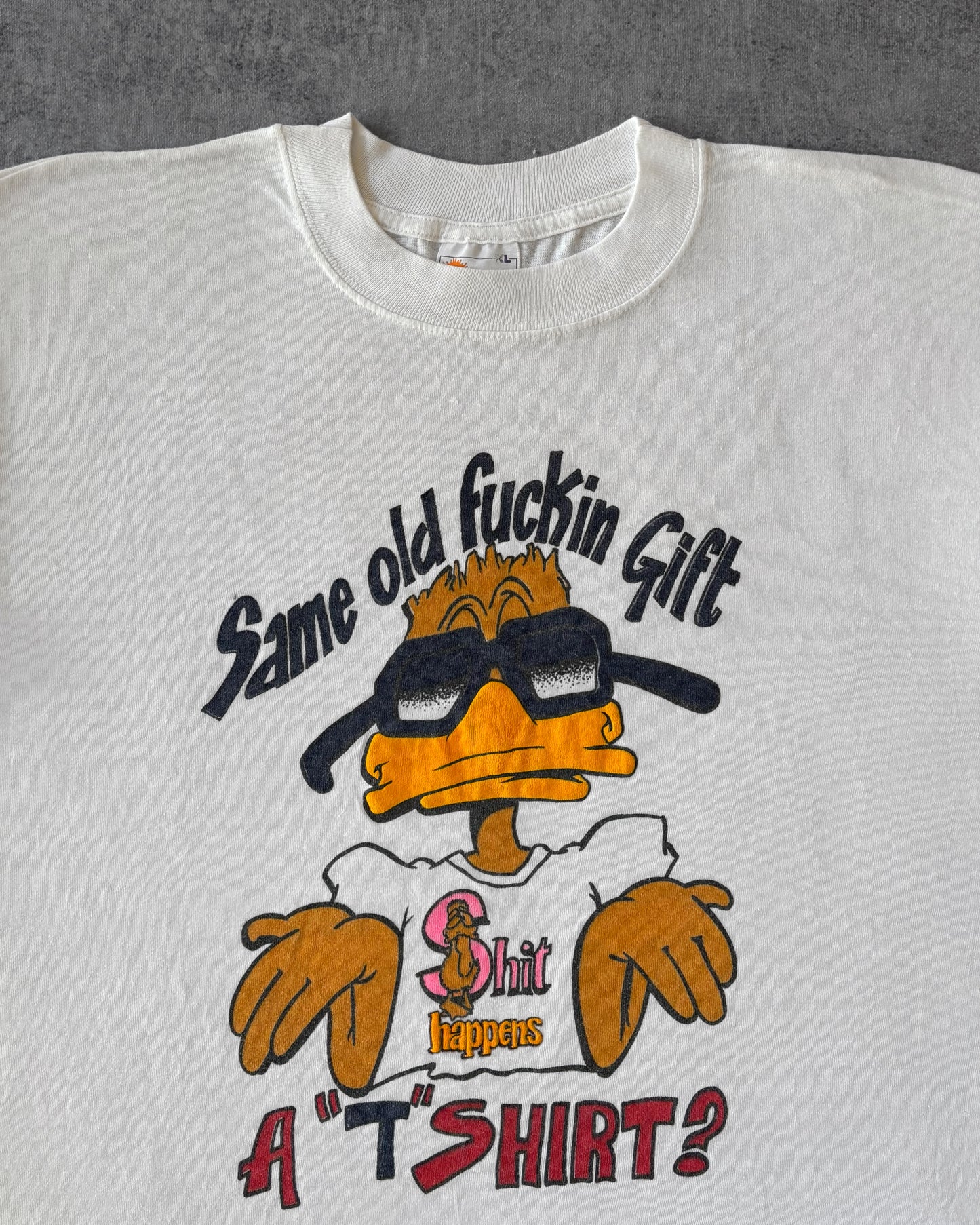 Vintage 1990s “Same Old F*ckin’ Gift” T-Shirt – Cartoon Duck – California Solar-T Tag