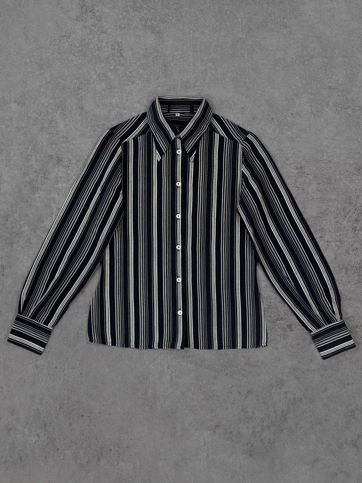 Vintage 1970s Striped Cotton Women’s Shirt – Navy & White Mod Button Up – Made in Italy