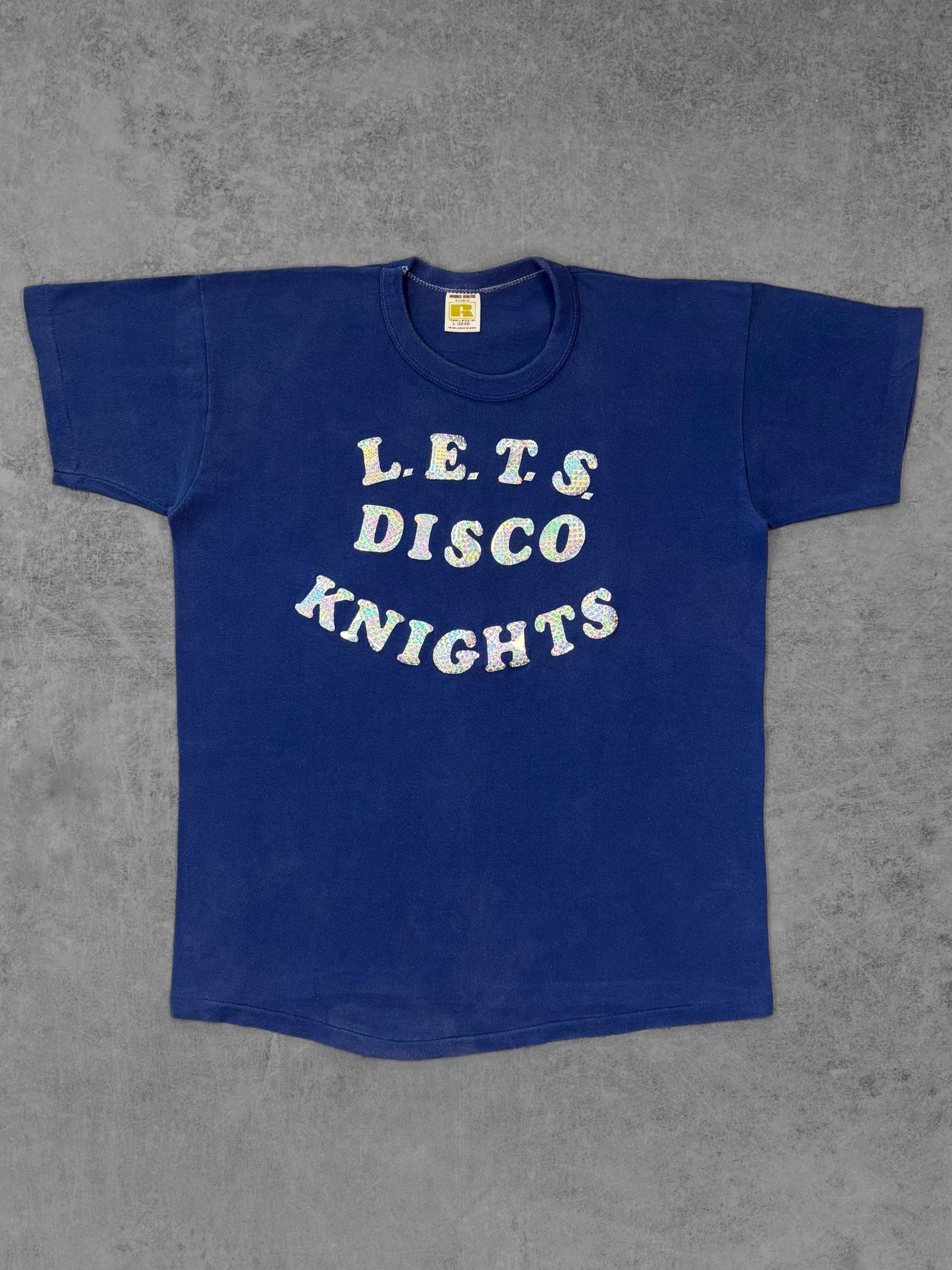 Vintage 1970s Russell Athletic LETS DISCO KNIGHTS T-Shirt - Blue Single Stitch - Made in USA - Disco Graphic Tee