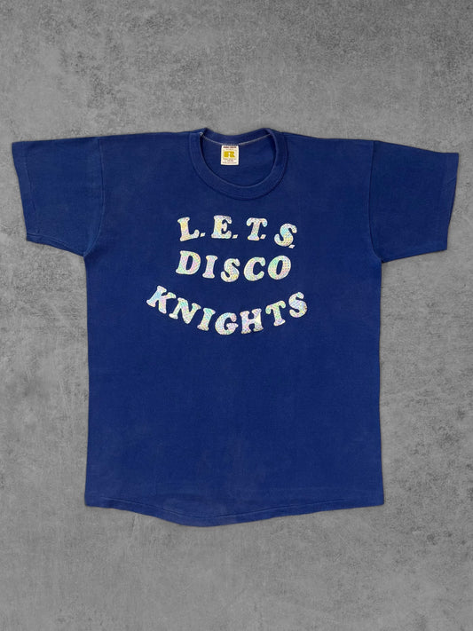 Vintage 1970s Russell Athletic Lets Disco Knights t-shirt, blue, front view