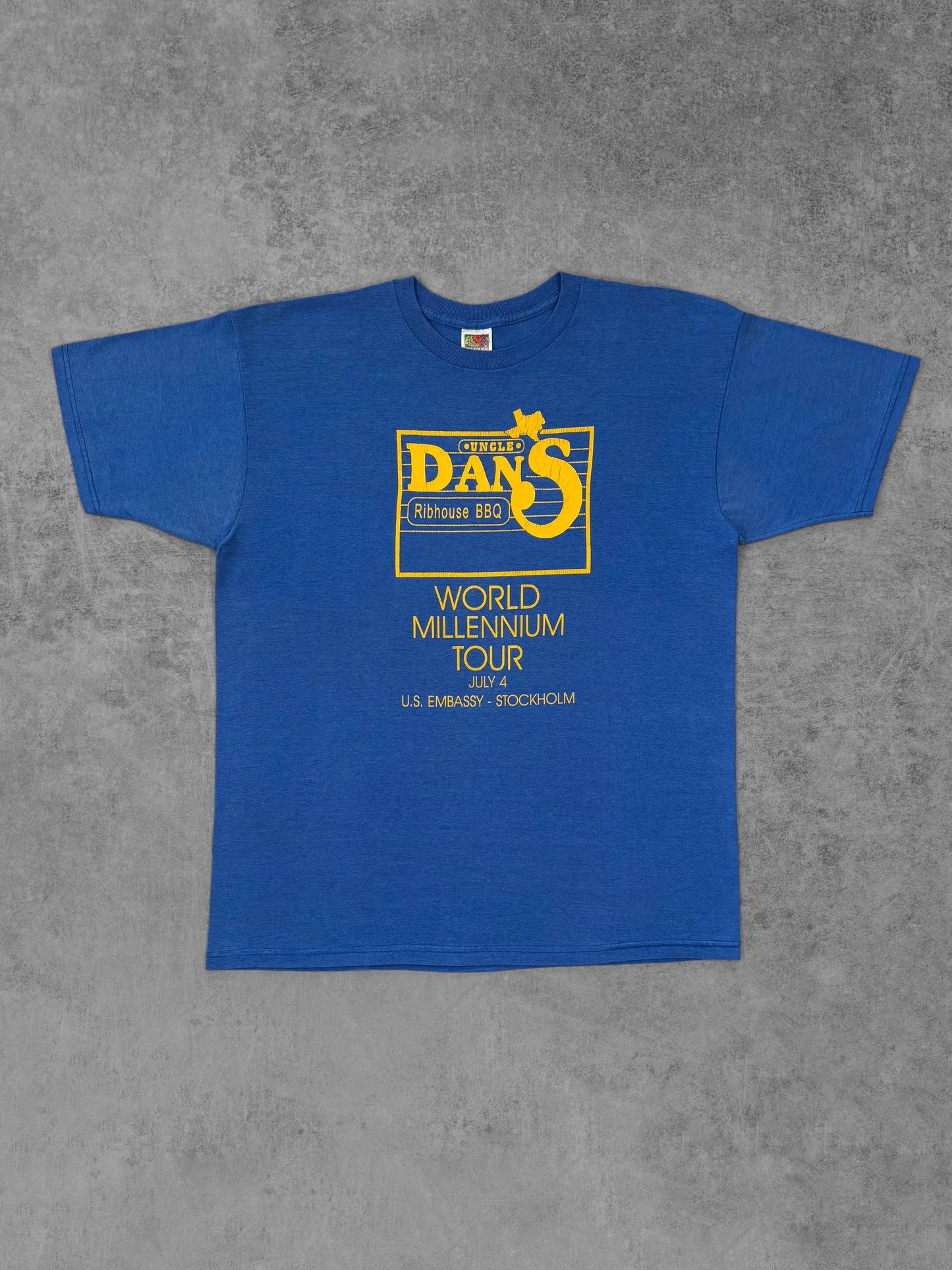 Vintage Early 2000s Uncle Dan’s Ribhouse BBQ World Millennium Tour T-Shirt - USA Embassy Stockholm - Fruit of the Loom