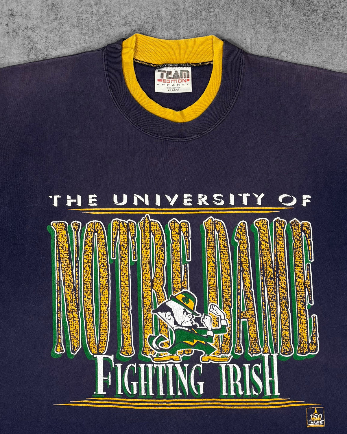 Vintage 1992 Notre Dame Fighting Irish T-shirt – multicolor leprechaun mascot print detail
