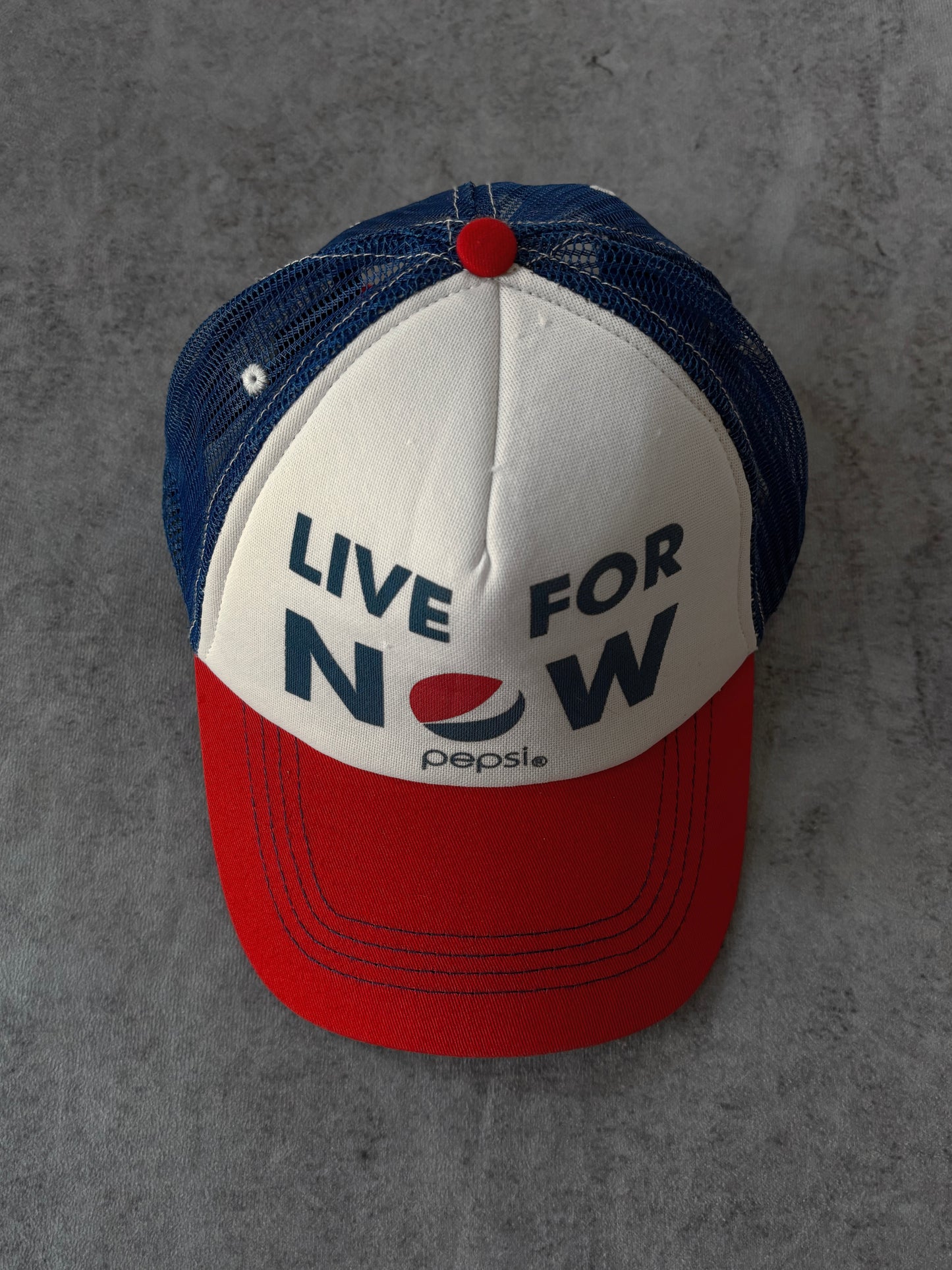 Retro Pepsi Trucker Cap – Live For Now – Red White Blue Mesh Hat – 2000s