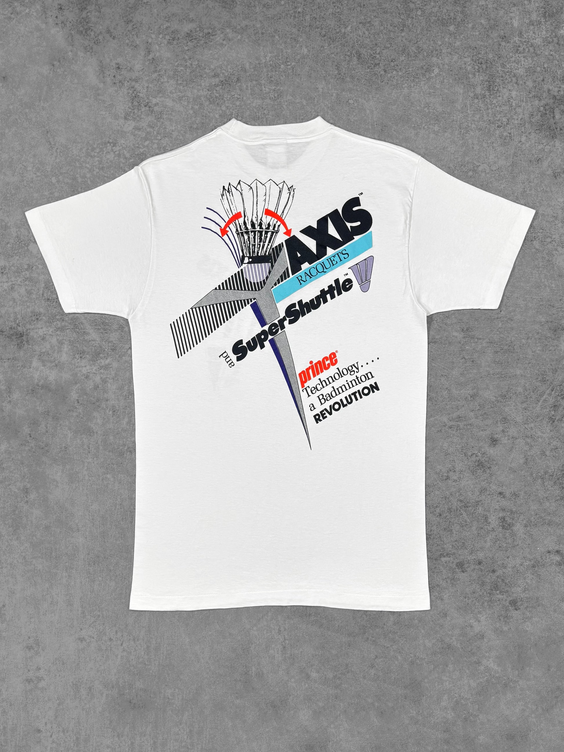 Front view of vintage 1980s Prince SuperShuttle AXIS badminton t-shirt with chest print