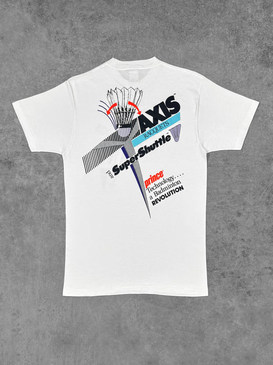 Front view of vintage 1980s Prince SuperShuttle AXIS badminton t-shirt with chest print