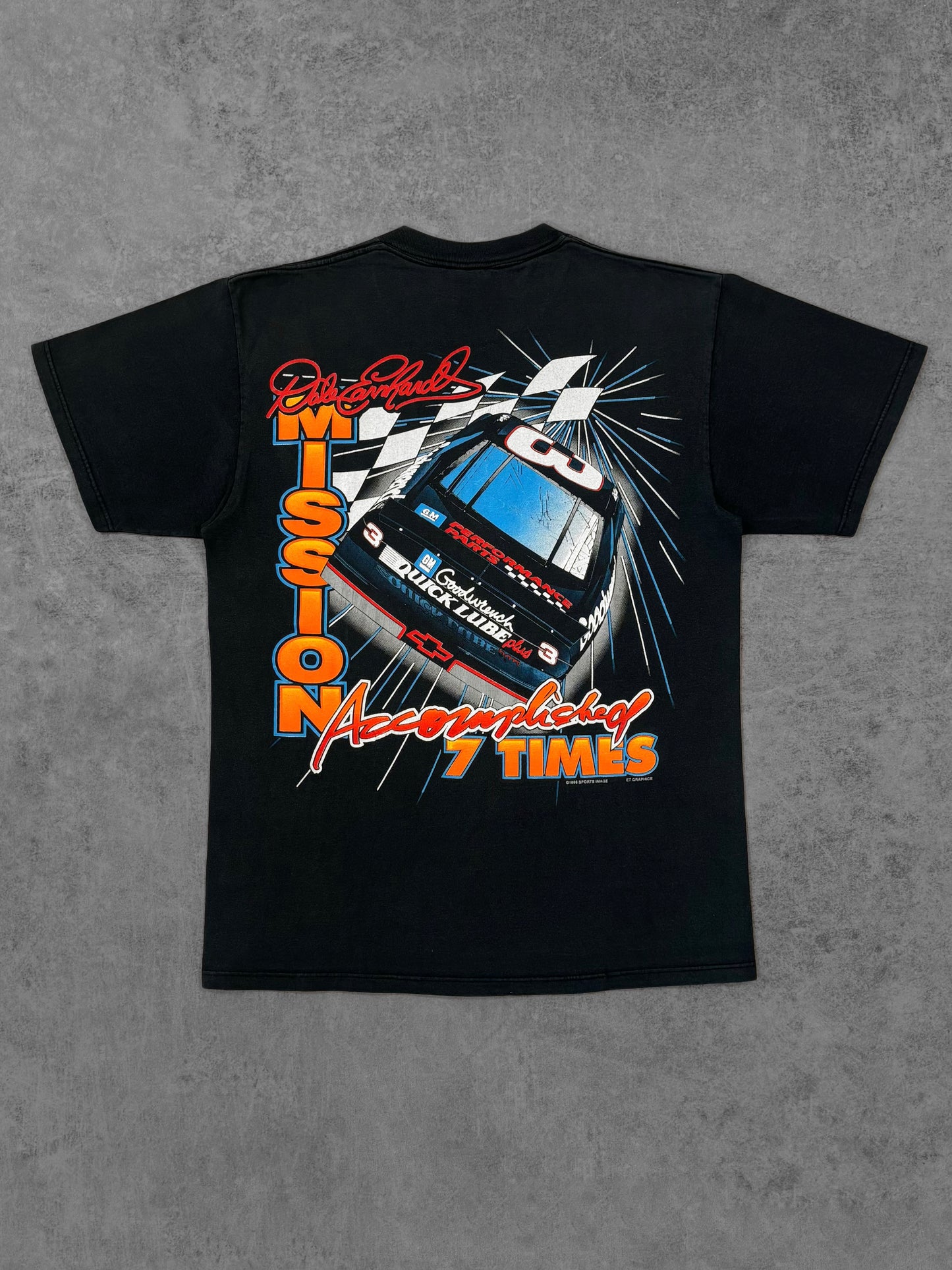Vintage 1996 Dale Earnhardt Sr Man On A Mission NASCAR t-shirt back view with Mission Accomplished 7 Times print