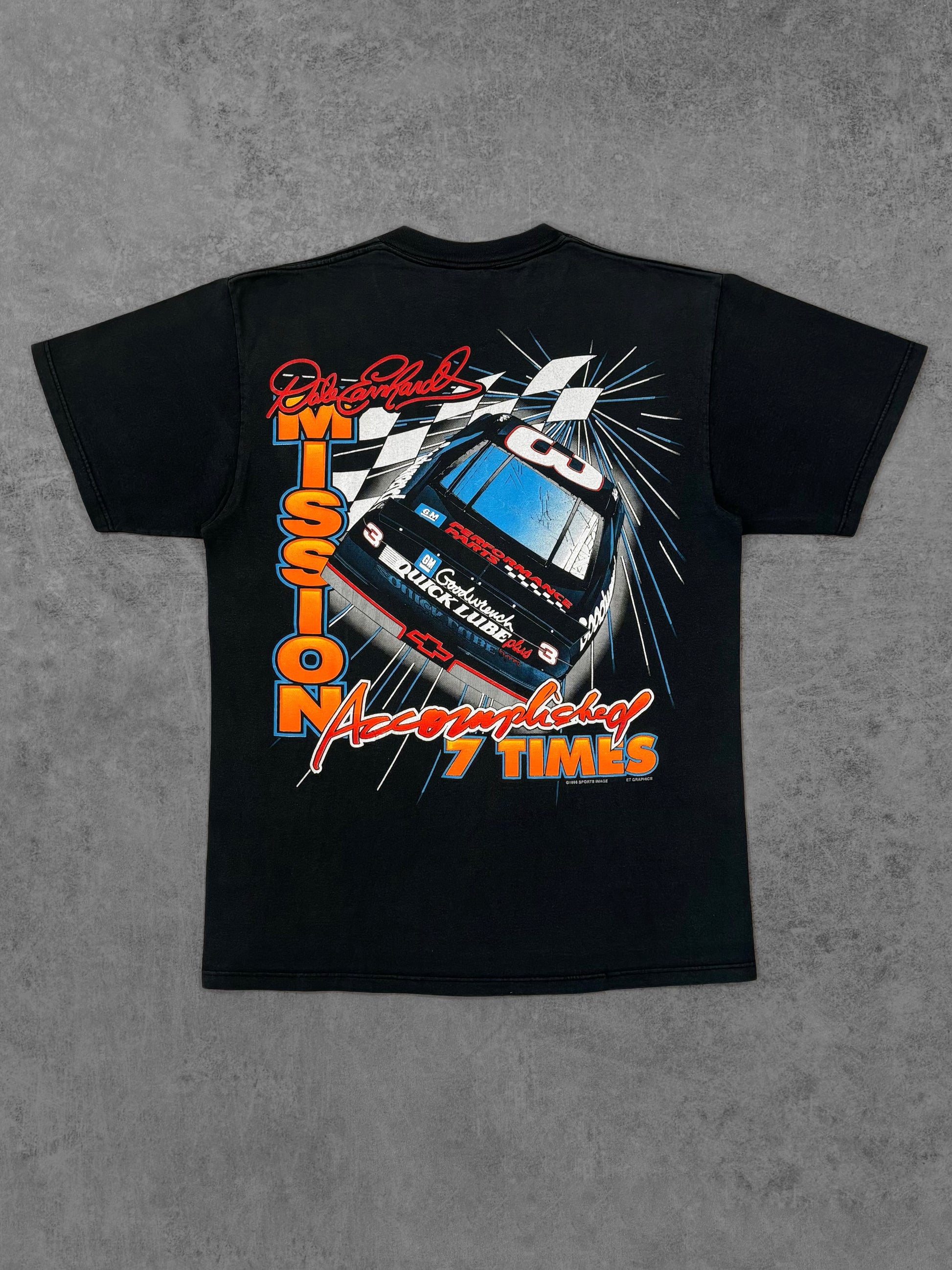 Vintage 1996 Dale Earnhardt Sr Man On A Mission NASCAR t-shirt back view with Mission Accomplished 7 Times print