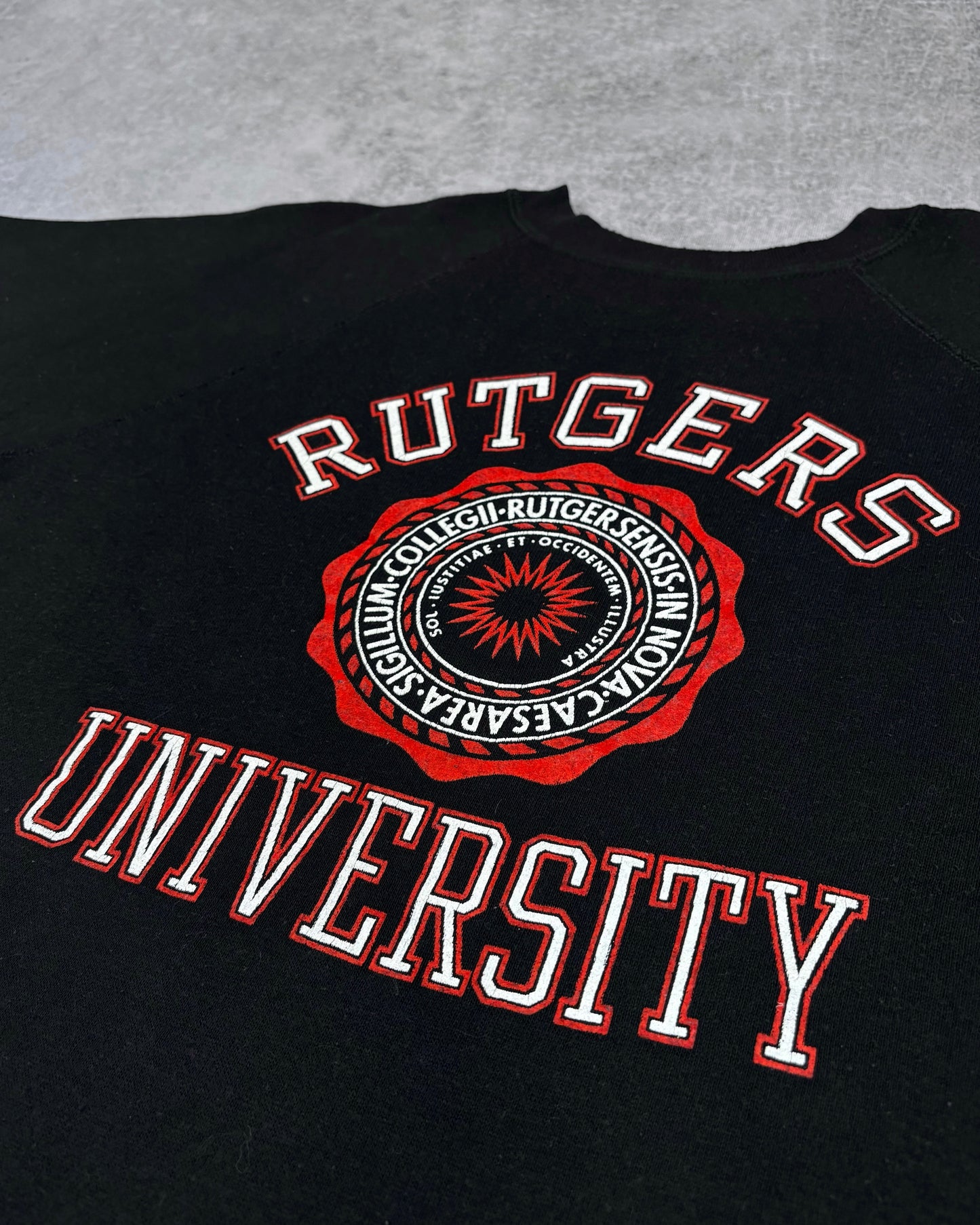 Vintage 1980s Rutgers University Flocked Logo Crewneck Sweatshirt – Made in USA – Black Raglan College Spellout