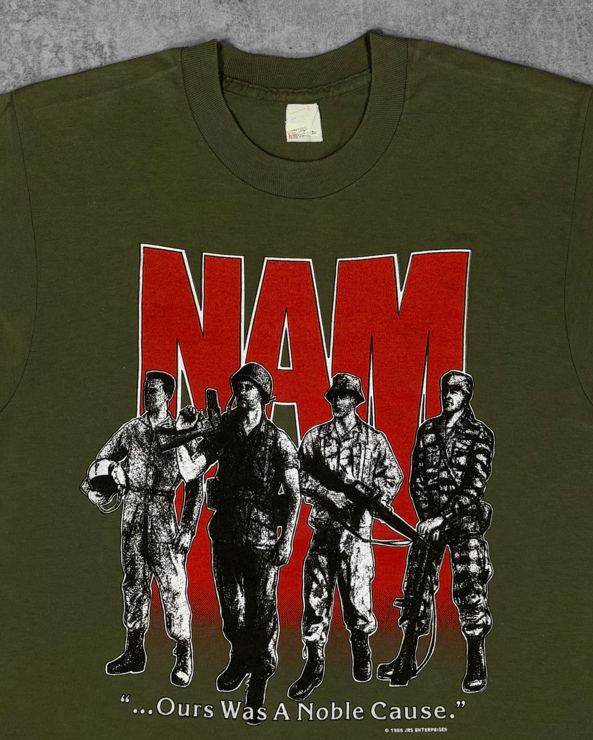 Vintage 1986 NAM Vietnam War "Ours Was A Noble Cause" t-shirt by JRS Enterprises – print detail