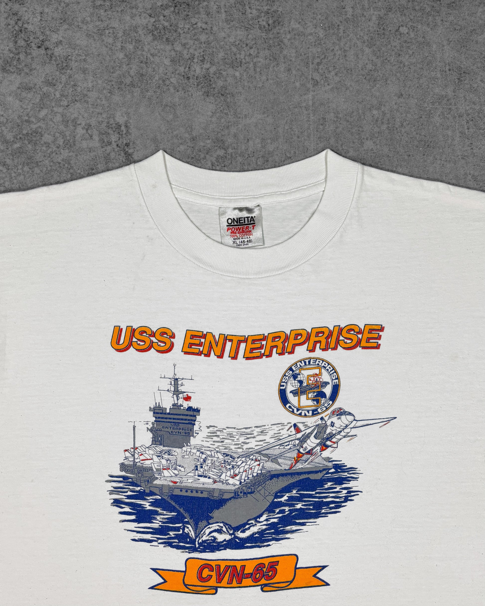 Vintage 1990s USS Enterprise CVN-65 US Navy t-shirt by Oneita – print detail