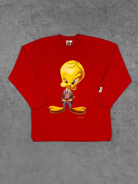 Front view of vintage 1998 Warner Bros Tweety crewneck sweatshirt with large graphic print