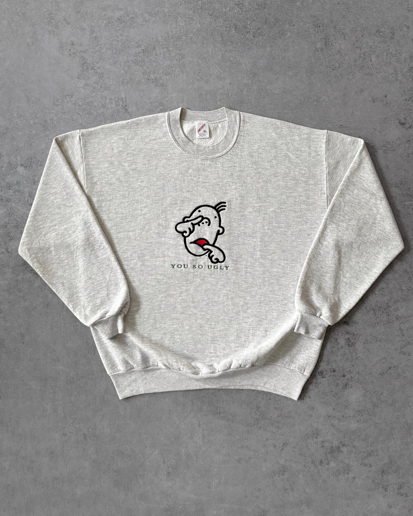 Vintage 1980s “You So Ugly” Embroidered Crewneck – Jerzees – Made in USA – Cartoon Graphic