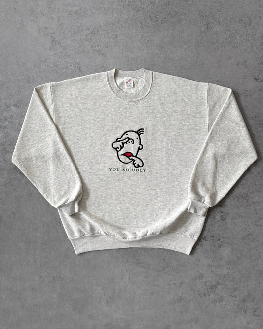 Vintage 1980s “You So Ugly” Embroidered Crewneck – Jerzees – Made in USA – Cartoon Graphic