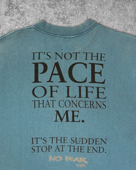 Vintage 1990s No Fear Gear Quote T-Shirt Faded Blue Graphic Tee Back Print