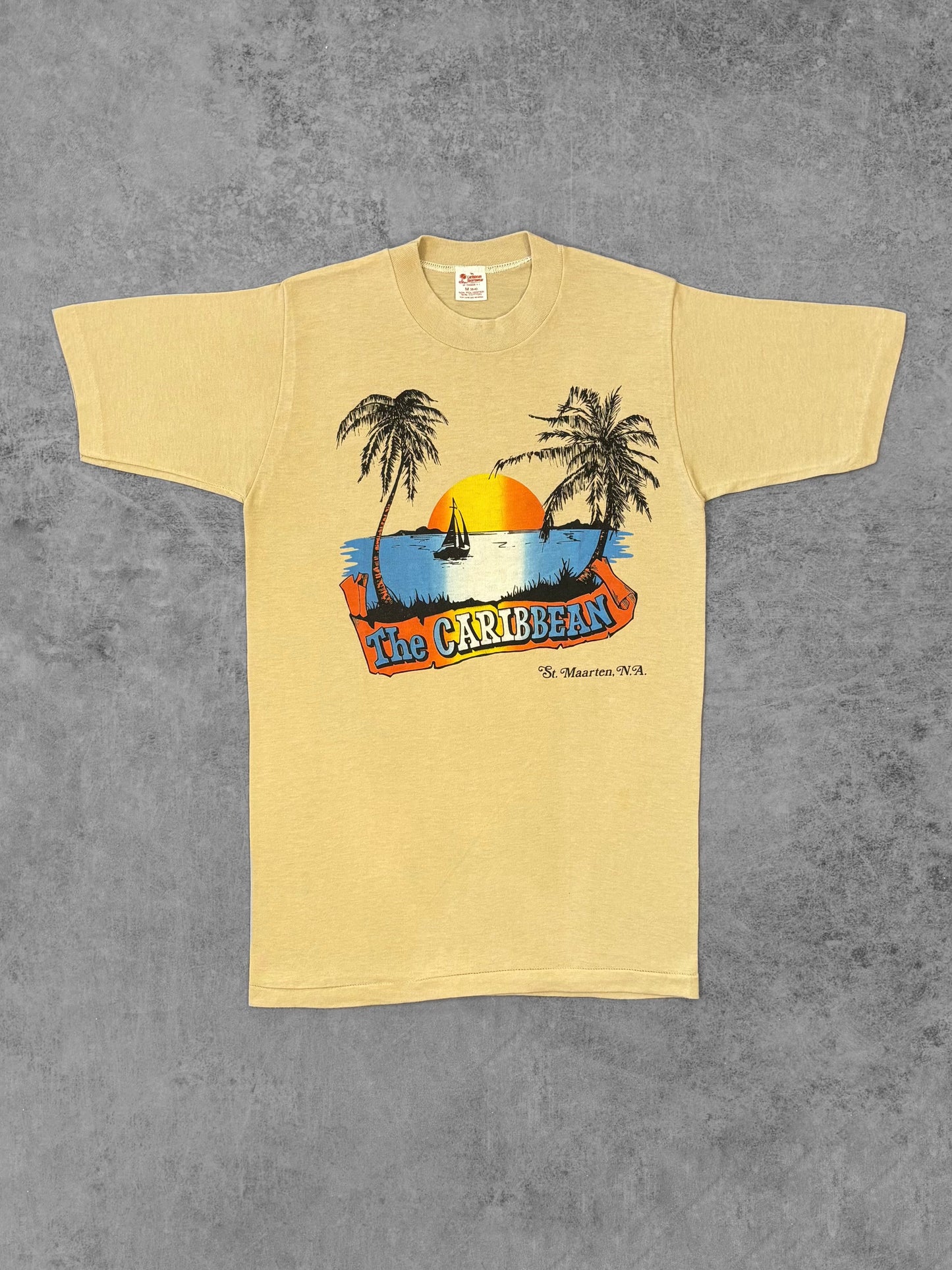 Vintage 1980s Caribbean Sportswear St. Maarten Souvenir T-Shirt - Sunset Palm Trees Graphic 50/50 - USA Made