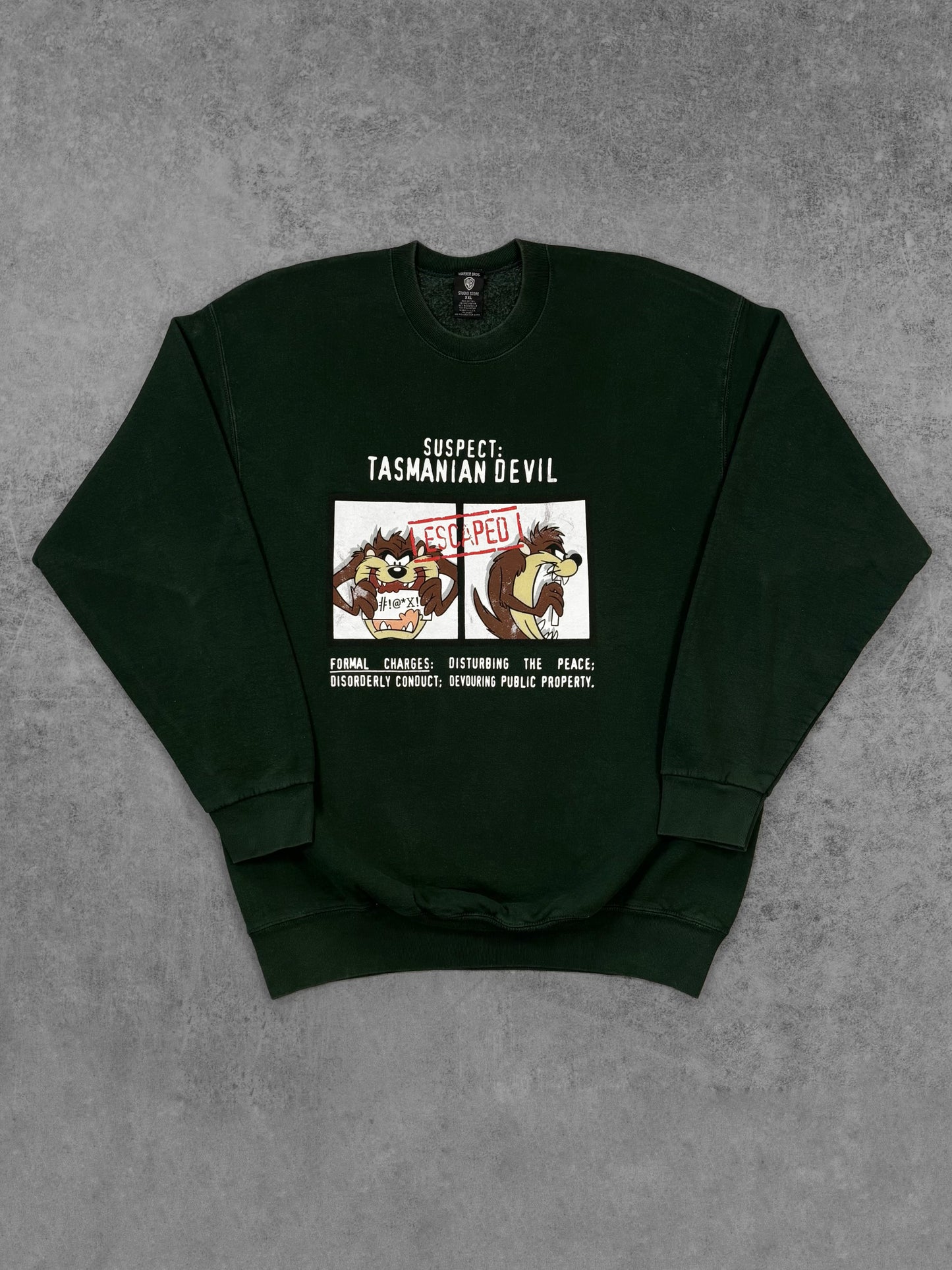 Vintage 1997 Warner Bros Taz Tasmanian Devil crewneck sweatshirt, front view with Suspect graphic print