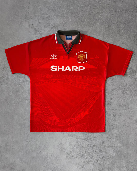 Vintage Manchester United 94/95 Home Jersey – Umbro – Sharp Sponsor – Old Trafford Graphic – XL