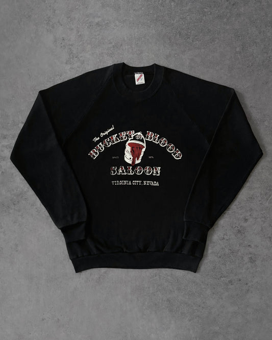 Vintage 1980s Bucket of Blood Saloon Sweatshirt – Virginia City Nevada – Jerzees USA – Black Graphic
