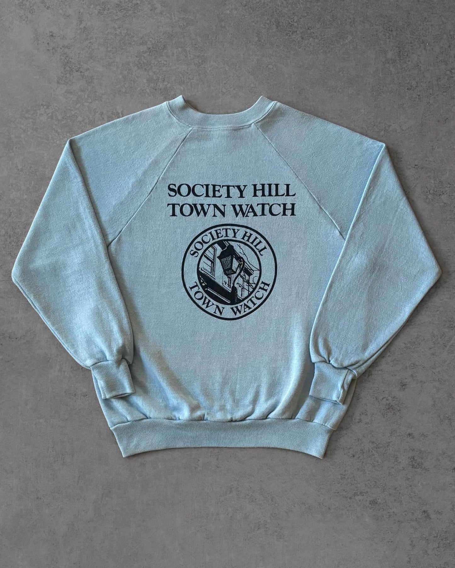 Vintage 1980s Society Hill Town Watch Sweatshirt – Sportswear USA – Light Blue Raglan Crewneck